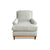 Photo of lounge chair with vertical striped fabric and walnut legs